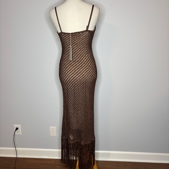 Meshki - Brown Metallic Knit Fringe Midi Dress - Picture 4 of 5